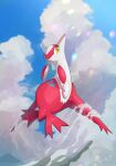  above_clouds absurdres claws clouds commentary_request day flying full_body highres latias no_humans nullma outdoors parted_lips pokemon pokemon_(creature) sky solo yellow_eyes 