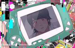 1010_mumumu 1boy black_hair commentary glitch handheld_game_console highres holding holding_handheld_game_console houjou_emu kamen_rider kamen_rider_ex-aid_(series) looking_at_object male_focus mighty_action_x_gashat open_mouth pink_eyes pixelated reflection reflection_focus short_hair solo symbol-only_commentary tokusatsu upper_body 