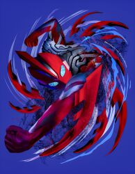  1boy alien blue_eyes colored_skin compound_eyes glowing glowing_eyes highres male_focus multicolored_skin obakelope0530 omega_slugger red_skin silver_skin slashing solo tokusatsu two-tone_skin ultra_series ultraman_omega ultraman_omega_(series) 