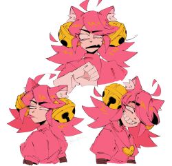  1girl animal_ears bell black_eyes cat_ears cat_girl cat_nose constricted_pupils detached_hair fang gloves hair_ornament heart heart_necklace highres jewelry jingle_bell kkupiii limited_palette looking_at_viewer mad_mew_mew multiple_expressions multiple_views necklace open_mouth pink_hair pink_shirt puffy_short_sleeves puffy_sleeves shaded_face shirt short_sleeves simple_background smile thick_eyebrows tongue tongue_out twintails undertale white_background white_gloves 