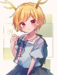  1girl blonde_hair blue_bow blue_shirt bow closed_mouth commentary dragon_horns heart highres horns kicchou_yachie moshihimechan multicolored_background one-hour_drawing_challenge red_eyes shirt short_hair short_sleeves smile solo touhou turtle_shell upper_body 