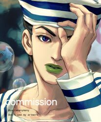  1boy adjusting_clothes adjusting_headwear black_hair blue_eyes bubble collarbone commentary_request commission dixie_cup_hat green_lips hat higashikata_josuke_(jojolion) highres jojo_no_kimyou_na_bouken jojolion korean_commentary long_sleeves looking_at_viewer makeup male_focus military_hat multicolored_eyes sailor sailor_collar sailor_hat santamanymany shirt short_hair solo star_(symbol) star_print twitter_username two-tone_eyes violet_eyes white_hat white_sailor_collar white_shirt 