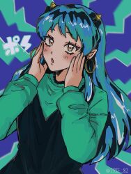  1girl artist_name bead_necklace beads commentary cone_horns earrings green_shirt hoop_earrings horns irie_82 jewelry long_hair looking_at_viewer lum necklace open_mouth pointy_ears shirt solo symbol-only_commentary urusei_yatsura 