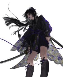  1girl black_hair closed_mouth highres holding holding_sword holding_weapon kazari_tayu looking_down ponytail simple_background smile sword weapon white_background 