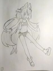  1girl animal_ears belly blonde_hair breasts buoy cat_ears fins fish_girl fish_tail graphite_(medium) greyscale highres indie_virtual_youtuber lifebuoy_anklet lifebuoy_hair_ornament loli long_hair low_twintails monochrome navel open_mouth paper_boat pencil photo_(medium) sameko_saba sergent_magnom short_shorts shorts sketch sleeveless small_breasts smile solo swimsuit tail traditional_media twintails virtual_youtuber 