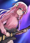  1girl blue_eyes blush bocchi_the_rock! electric_guitar gotou_hitori guitar hair_between_eyes highres holding holding_instrument instrument jacket long_hair one_side_up parted_lips pink_hair pink_jacket sketch solo ten-chan_(eternal_s) track_jacket very_long_hair 