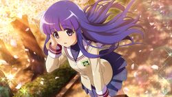  1girl artist_request blue_skirt blunt_bangs brown_jacket cherry_blossoms clannad crossover emblem furude_rika game_cg highres higurashi_no_naku_koro_ni higurashi_no_naku_koro_ni_mei hikarizaka_private_high_school_uniform jacket long_hair long_sleeves non-web_source official_art open_mouth outdoors pink_petals purple_hair school_uniform skirt solo sparkle tree violet_eyes 
