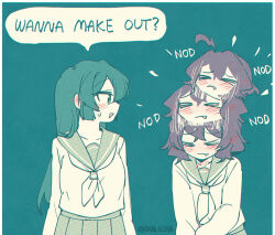  2girls afterimage ahoge an_sin blush brown_hair closed_eyes commentary english_text fang green_hair hiiragi_utena hiiragi_utena's_school_uniform long_hair looking_at_another mahou_shoujo_ni_akogarete medium_hair meme minakami_sayo multiple_girls neckerchief nodding pleated_skirt sail school_uniform serafuku simple_background skirt speech_bubble twitter_username upper_body wanna_make_out?_(meme) yuri 