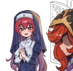  2girls :d black_bodysuit blush bodysuit breasts brown_eyes character_request closed_mouth covered_navel cowboy_shot fang freckles habit hololive hood hood_up houshou_marine large_breasts league_of_legends long_hair miss_fortune_(league_of_legends) multiple_girls nun own_hands_clasped own_hands_together phantom_ix_row profile redhead smile white_background 
