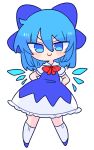  1girl blue_bow blue_dress blue_eyes blue_footwear blue_hair bow cirno collared_shirt dress flat_chest hair_bow highres ice ice_wings long_dress neck_ribbon op_na_yarou pinafore_dress red_ribbon ribbon shirt short_hair simple_background smile socks solo touhou white_background white_shirt wings 
