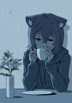  1girl absurdres animal_ears black_eyes blue_theme cat_ears chun_1234567 cup flower hair_between_eyes highres holding holding_cup hololive hood hoodie nekomata_okayu rain saucer solo virtual_youtuber 