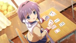  1girl artist_request blue_skirt brown_jacket card chair clannad crossover desk fujibayashi_ryou game_cg hair_ribbon highres higurashi_no_naku_koro_ni higurashi_no_naku_koro_ni_mei hikarizaka_private_high_school_uniform holding holding_card jacket long_sleeves looking_at_viewer non-web_source official_art open_mouth playing_card purple_hair ribbon school_chair school_desk school_uniform short_hair sitting skirt smile solo sparkle tree violet_eyes white_ribbon window 