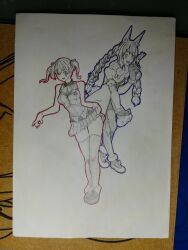  animal_ears bare_shoulders black_gloves blue_outline breasts carrot dress full_body gloves hair_between_eyes hair_ornament highres hololive houshou_marine houshou_marine_(1st_costume) large_breasts long_hair looking_at_viewer open_mouth outline ponytail rabbit_ears rabbit_tail red_outline self-upload sergent_magnom short_hair simple_background skirt smile standing tail usada_pekora usada_pekora_(1st_costume) white_gloves 