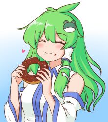  1girl antenna_hair bare_shoulders blue_background blush breasts closed_eyes closed_mouth collared_shirt crumbs detached_sleeves dot_nose double-parted_bangs doughnut eating food food_bite frog_hair_ornament gradient_background green_hair hair_ornament hair_tubes heart highres holding holding_donut holding_food kochiya_sanae long_hair long_sleeves medium_breasts mizusoba shirt simple_background single_hair_tube single_sidelock sleeveless sleeveless_shirt snake_hair_ornament solo touhou upper_body wide_sleeves wing_collar 