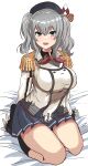  1girl beret blanket blue_eyes blush breasts buttons epaulettes frilled_sleeves frills gloves grey_hair grey_skirt hat highres jacket kantai_collection kashima_(kancolle) large_breasts long_hair long_sleeves looking_at_viewer military military_jacket military_uniform neckerchief open_mouth pleated_skirt red_neckerchief sitting skirt smile solo suberaku twintails uniform wavy_hair white_gloves white_jacket 