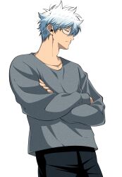  1boy alternate_costume black_pants black_shirt casual closed_mouth collarbone crew_neck crossed_arms gintama glasses highres light_frown long_sleeves looking_down male_focus pants parted_bangs sakata_gintoki semi-rimless_eyewear shirt short_hair simple_background siro_nui81 solo white_background white_hair 