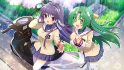  2girls artist_request blue_skirt blush breasts brown_jacket clannad crossover flower fujibayashi_kyou game_cg grass green_eyes green_hair highres higurashi_no_naku_koro_ni higurashi_no_naku_koro_ni_mei hikarizaka_private_high_school_uniform jacket long_hair long_sleeves looking_at_another motor_vehicle motorcycle multiple_girls non-web_source official_art open_mouth outdoors pink_petals purple_hair school_uniform skirt smile sonozaki_shion sparkle sparkling_eyes sunlight thigh-highs violet_eyes white_thighhighs 