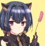  1girl animal_ears black_gloves black_hair blush bow cat_ears cat_teaser closed_mouth frills gloves hairband idolmaster idolmaster_shiny_colors kuroi_mimei long_sleeves looking_at_viewer low_twintails morino_rinze necktie polka_dot red_eyes red_ribbon ribbon scrunchie short_hair short_sleeves simple_background solo twintails yellow_background yellow_ribbon 