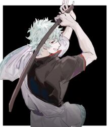  1boy arms_up black_background black_shirt bokken gintama grin hadanugi_dousa holding holding_sword holding_weapon japanese_clothes kimono looking_at_viewer looking_back male_focus qyzhiaiyisheng red_eyes sakata_gintoki shirt short_hair short_sleeves simple_background smile solo sword weapon white_hair wooden_sword 