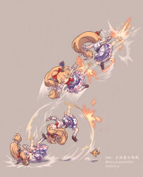  1girl absurdres artist_name banana_peel bow brown_eyes brown_hair brown_shoes chinese_commentary commentary_request dated dress falling fighting_game flying_kick gourd hair_bow highres horn_bow horn_ornament horns ibuki_suika jamie_siu kicking long_hair low-tied_long_hair lying nero_augustus on_back red_bow shoes simple_background slipping socks street_fighter street_fighter_6 touhou twitter_username white_dress white_socks 