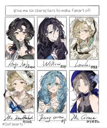  37_(down_in_the_grotto)_(reverse:1999) 37_(reverse:1999) 6+girls :d absurdres anjo_nala aqua_eyes around_the_stream athletic_leotard bandaged_hand bandages bare_shoulders black_dress black_hair black_hat blonde_hair blue_eyes blue_hair blue_leotard blue_shirt character_name curled_horns dress elbow_gloves english_text fan_to_mouth folded_fan folding_fan gloves grey_gloves grey_hair grey_horns hair_between_eyes hair_ornament hand_fan hat highres holding holding_fan holding_leash horns jewelry leash leotard looking_at_viewer lorelei_(reverse:1999) low_horns ms._grace_(reverse:1999) ms._newbabel multiple_drawing_challenge multiple_girls necklace official_alternate_costume open_mouth pearl_necklace reverse:1999 shirt short_hair six_fanarts_challenge sleeveless sleeveless_dress smile upper_body veil violet_eyes white_dress white_hat white_veil willow_(reverse:1999) 