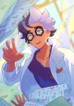  1boy black-framed_eyewear blurry coat collarbone commentary_request depth_of_field eyelashes falling_leaves glasses green_eyes hand_up highres jacq_(pokemon) leaf male_focus natupath_summer open_clothes open_coat open_mouth paper pokemon pokemon_(game) pokemon_sv purple_hair purple_shirt shirt short_hair solo striped striped_shirt teeth upper_teeth_only white_coat 