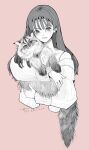  1girl animal animal_hug artist_name awatsu_mai bare_shoulders blush cat cheek-to-cheek closed_mouth commentary_request cropped_torso dated earclip greyscale_with_colored_background hands_up heads_together holding holding_animal holding_cat long_hair long_sleeves looking_at_viewer mole mole_under_eye off-shoulder_sweater off_shoulder pink_background real_life ribbed_sweater sally_(allogkk) simple_background solo spaghetti_strap sweater voice_actor 