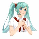  artist_name blue_eyes blue_hair blush closed_mouth collared_shirt cup everlasting_summer grey_background hair_ribbon hatsune_miku highres holding holding_cup lips long_hair neckerchief pioneer_neckerchief red_neckerchief red_ribbon ribbon shirt short_sleeves shwwma simple_background smile very_long_hair white_shirt 