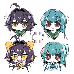  +_+ 4girls an_sin blue_bow blue_hair blush bow closed_mouth commentary dual_persona fang frown green_sailor_collar hair_bow highres hiiragi_utena horns looking_at_viewer magia_azure magia_baiser mahou_shoujo_ni_akogarete minakami_sayo multicolored_hair multiple_girls open_mouth pink_eyes purple_hair sailor_collar smile streaked_hair yellow_eyes 
