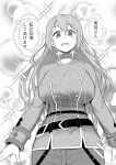  1girl belt breasts check_translation choker cowboy_shot dungeon_tou_de_yadoya_wo_yarou greyscale highres jacket large_breasts long_hair long_sleeves looking_at_viewer military military_uniform monochrome pants sheryl_(dungeon_tou_de_yadoya_wo_yarou) smile solo translation_request uniform yuuki_shin&#039;ichi 