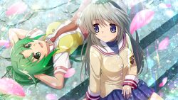  2girls artist_request black_hairband blue_eyes blue_skirt breasts brown_jacket clannad crossover game_cg green_eyes green_hair grey_hair hairband highres higurashi_no_naku_koro_ni higurashi_no_naku_koro_ni_mei hikarizaka_private_high_school_uniform jacket long_hair long_sleeves looking_at_another lying multiple_girls non-web_source official_art on_back open_mouth pink_petals red_skirt sakagami_tomoyo school_uniform shirt sitting skirt smile sonozaki_mion sparkle stairs stone_stairs vest white_shirt yellow_vest 
