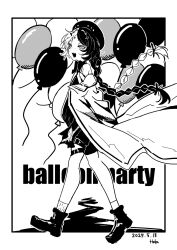  1girl :d ankle_boots artist_name balloon balloon_party beret boots braid character_name coat dated floating_hair freckles from_side full_body greyscale hakyusiku hat highres inset_border long_hair looking_at_viewer low_twin_braids monochrome multicolored_hair off_shoulder outside_border reverse:1999 signature skirt smile socks solo split-color_hair suspender_skirt suspenders too_many_balloons twin_braids very_long_hair walking white_background 