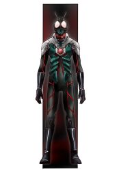 1boy armor belt bodysuit bug gloves glowing glowing_eyes green_armor helmet highres kamen_rider kamen_rider_(1st_series) kamen_rider_1 kamen_rider_zeztz_(series) looking_at_viewer male_focus mask red_eyes red_scarf rider_belt scarf solo taiga_hiroyuki tokusatsu typhoon_(kamen_rider)