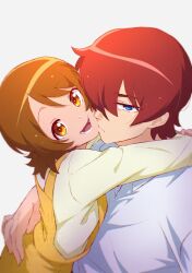  1boy 1girl ahoge blue_eyes blunt_bangs bob_cut brown_hair cheek-to-cheek couple face-to-face flirting hand_on_another's_shoulder hand_on_another's_waist happinesscharge_precure! heads_together highres hug long_sleeves looking_at_viewer looking_up mature_male medium_hair oomori_yuuko open_mouth parted_bangs phantom_(happinesscharge_precure!) precure red_hair shirt signature suspenders upper_body wasa7subi watermark white_background white_shirt yellow_shirt 