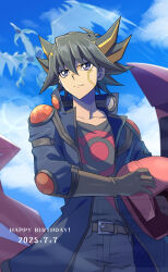  1boy absurdres black_hair black_shirt blonde_hair blue_coat coat cowboy_shot d-wheel dragon english_text facial_mark fudo_yusei happy_birthday helmet highres holding holding_helmet holding_unworn_helmet itsumiruka medium_hair motor_vehicle motorcycle multicolored_hair open_clothes open_coat red_helmet shirt solo_focus spiky_hair stardust_dragon streaked_hair two-tone_hair unworn_headwear unworn_helmet violet_eyes yu-gi-oh! yu-gi-oh!_5d's 