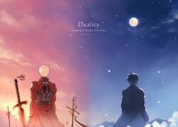  2boys archer_(fate) black_coat black_hair coat emiya_kiritsugu fate/stay_night fate/unlimited_blade_works fate/zero fate_(series) highres male_focus multiple_boys multiple_swords night night_sky red_coat sky sunset terarenai unlimited_blade_works_(reality_marble) white_hair 