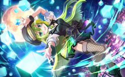  1girl alina_gray aqua_eyes artist_request black_boots black_bow black_hat black_ribbon black_vest blunt_ends boots bow brooch buttons city collar collared_vest cube detached_collar dot_nose dutch_angle feet_out_of_frame fishnet_thighhighs fishnets floating floating_clothes floating_hair full_moon fur-trimmed_thighhighs fur_trim fur_wrist_cuffs game_cg green_brooch green_hair grey_thighhighs hair_between_eyes hand_on_own_head happy hat highres jewelry lapels light_particles long_hair looking_at_viewer magia_record:_mahou_shoujo_madoka_magica_gaiden magic magical_girl mahou_shoujo_madoka_magica mahou_shoujo_madoka_magica_magia_exedra miniskirt moon multicolored_skirt neck_ribbon night night_sky notched_lapels official_art on_rooftop open_mouth outdoors outstretched_arm peaked_cap pleated_skirt puffy_short_sleeves puffy_sleeves ribbed_thighhighs ribbon see-through_clothes see-through_sleeves see-through_thighhighs shirt short_sleeves skirt sky smile solo sparkle star_(sky) starry_sky straight_hair thigh-highs tsurime very_long_hair vest waist_bow white_collar white_shirt wrist_cuffs 