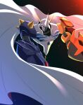  absurdres arm_cannon black_background blue_eyes cape digimon digimon_(creature) embers highres horns ishiyumi looking_at_viewer no_humans omegamon single_horn solo weapon white_cape 