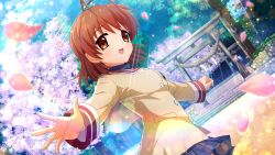  1girl antenna_hair artist_request blue_skirt brown_eyes brown_hair brown_jacket cherry_blossoms clannad crossover furukawa_nagisa game_cg highres higurashi_no_naku_koro_ni higurashi_no_naku_koro_ni_mei hikarizaka_private_high_school_uniform jacket long_sleeves medium_hair non-web_source official_art open_mouth outdoors petals pink_petals school_uniform skirt smile solo sparkle sunlight torii 