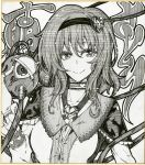  1girl breasts center_frills character_name closed_mouth collar commentary_request frills greyscale hairband heart heart_print highres ishida_kazuma komeiji_satori looking_at_viewer medium_hair monochrome shikishi smile solo third_eye touhou traditional_media upper_body 