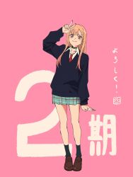  1girl black_sweater blonde_hair commentary_request ear_piercing earrings full_body gradient_hair green_skirt highres jewelry kitagawa_marin miniskirt multicolored_hair necktie piercing pink_background pink_hair pleated_skirt red_necktie shirt simple_background skirt solo sono_bisque_doll_wa_koi_wo_suru sweater tomato_(lsj44867) translation_request two-tone_hair v violet_eyes white_shirt 