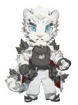  arknights black_shirt blue_eyes chibi claws fingerless_gloves furry furry_male gloves highres looking_at_viewer loss_kim male_focus mountain_(arknights) multiple_scars pants scar scar_across_eye scar_on_arm shirt sleeveless sleeveless_shirt solo striped tail tiger_boy tiger_tail white_background white_fur white_pants 