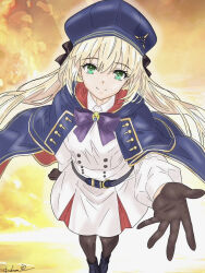 1girl artoria_caster_(fate) artoria_caster_(second_ascension)_(fate) artoria_pendragon_(fate) belt beret black_bow black_gloves black_pantyhose blonde_hair blue_capelet blue_cloak boots bow breasts cape capelet cloak dress fate/grand_order fate_(series) full_body gloves green_eyes hat holding hood hooded_cape long_hair long_sleeves looking_at_viewer multicolored_cape multicolored_capelet o-ring o-ring_belt outstretched_arm outstretched_hand pantyhose reaching reaching_towards_viewer simple_background smile solo spread_fingers standing striped_belt twintails white_dress yakudo_trio yellow_background 