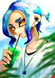  1boy artist_name blue_hair blurry blurry_foreground commentary_request cup drink drinking drinking_glass drinking_straw ear_piercing highres holding holding_cup jewelry kainesato looking_at_viewer male_focus medium_hair necklace octoling octoling_boy octoling_player_character piercing ponytail shirt solo splatoon_(series) splatoon_3 standing sweat tentacle_hair thick_eyebrows twitter_username white_shirt yellow_eyes 