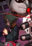  1girl arrow_(symbol) bags_under_eyes bed bedman? bolt delilah_(guilty_gear) from_side glowing glowing_eye green_hair guilty_gear guilty_gear_strive hankuri looking_at_viewer looking_to_the_side mechanical_arms robot scared shaded_face short_hair 