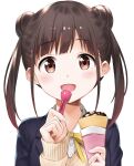  1girl bashosho blush brown_eyes brown_hair double_bun grey_jacket hair_bun highres holding holding_spoon ice_cream_cone idolmaster idolmaster_shiny_colors jacket long_hair looking_at_viewer open_mouth ribbon school_uniform shirt simple_background smile solo sonoda_chiyoko spoon sweater twintails white_background white_shirt yellow_ribbon 