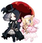 1girl 1other alternate_costume androgyne_symbol androgynous bare_shoulders bbhdrrr black_hair blonde_hair blood blue_eyes bridget_(guilty_gear) chibi dress frilled_dress frills guilty_gear guilty_gear_strive habit hat highres holding holding_umbrella long_hair long_sleeves looking_at_viewer medium_hair one_eye_closed pink_dress pom_pom_(clothes) red_eyes roger_(guilty_gear) skull stuffed_animal stuffed_toy teddy_bear testament_(guilty_gear) top_hat umbrella