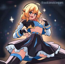  1girl blonde_hair bridget_(guilty_gear) burnice_white_(cosplay) female_focus guilty_gear long_hair open_mouth 