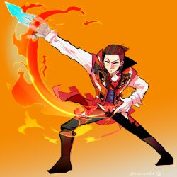  1boy black_hair black_pants black_shirt boots brown_boots coat cream56k fire fire_candle_(super_sentai) gradient_background hair_slicked_back henshin_pose no.1_sentai_gozyuger orange_background pants red_coat red_hair sentai_ring shirt simple_background solo super_sentai tega_sword 