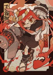  1girl arm_behind_head artist_name bandaged_leg bandages black_jacket blaster_(splatoon) blunt_bangs commentary_request floating_hair full_body green_eyes grin highres holding holding_weapon inkling inkling_(swim_form) inkling_girl inkling_player_character jacket leg_wrap long_hair long_sleeves looking_at_viewer multicolored_eyes p0m4_p0m4 pointy_ears red_eyes red_hair smile splatoon_(series) sweater tentacle_hair thick_eyebrows turtleneck turtleneck_sweater two-tone_eyes waraji weapon white_sweater 